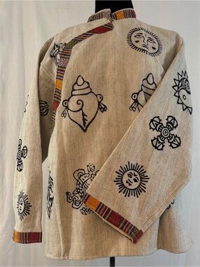 Tibetan Symbol Block Print Jacket Himalayan  Hippie Festival Granola Cotton Med